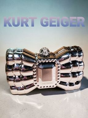 Kurt Geiger Silver Mirror Bow Clutch w/ Shoulder Chain NIB!